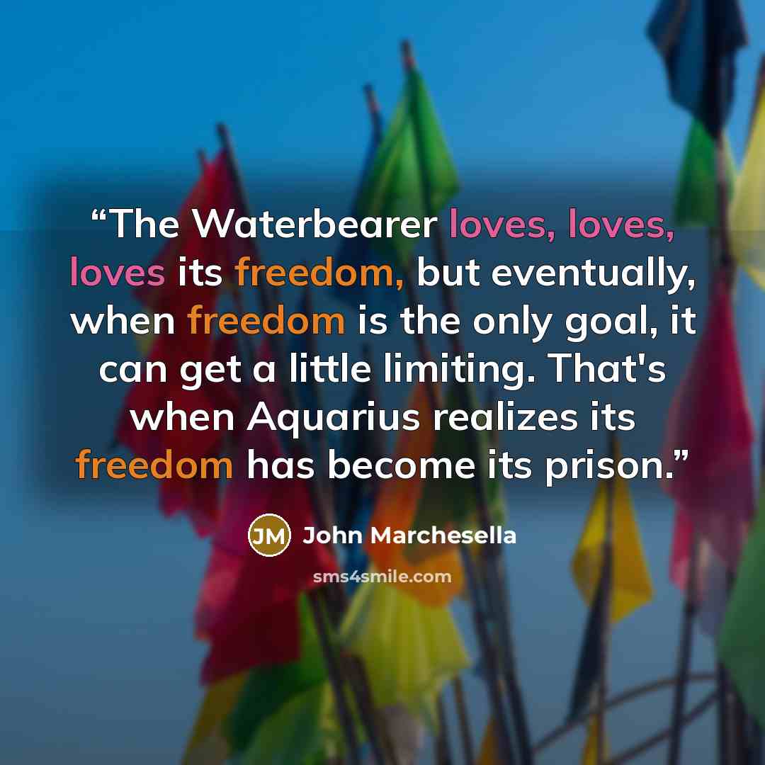 “The Waterbearer loves, loves, loves its freedom, but eventually, when freedom is the only goal, it can get a little limiting. That's when Aquarius realizes its freedom has become its prison.” quote by John Marchesella