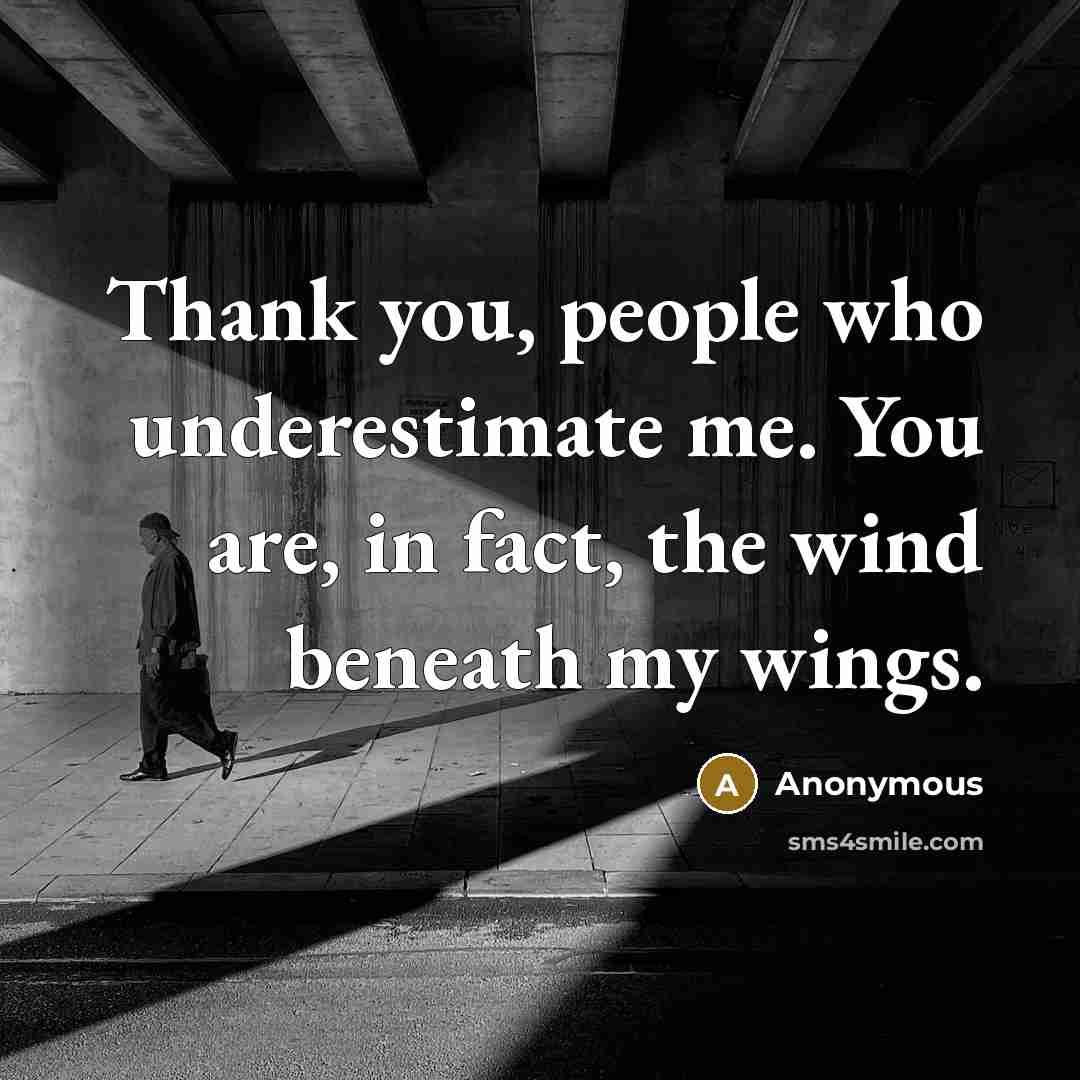 “Thank you, people who underestimate me. You are, in fact, the wind beneath my wings.” quote by Anonymous