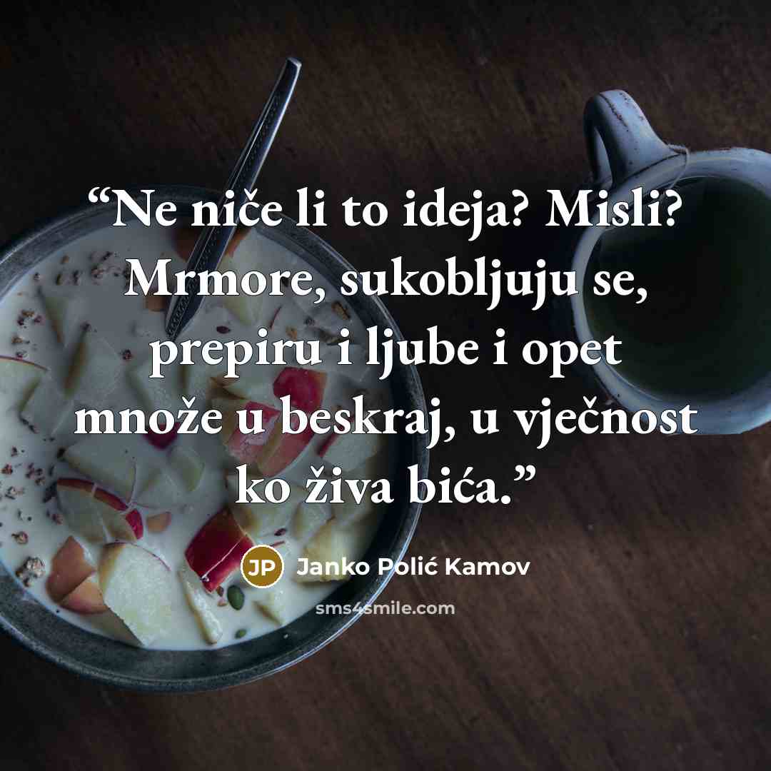 “Ne niče li to ideja? Misli? Mrmore, sukobljuju se, prepiru i ljube i opet množe u beskraj, u vječnost ko živa bića.” quote by Janko Polić Kamov