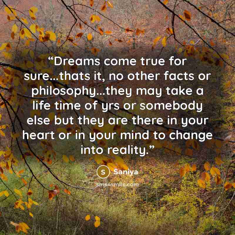 “Dreams come true for sure...thats it, no other facts or philosophy...they may take a life time of yrs or somebody else but they are there in your heart or in your mind to change into reality.” quote by Saniya