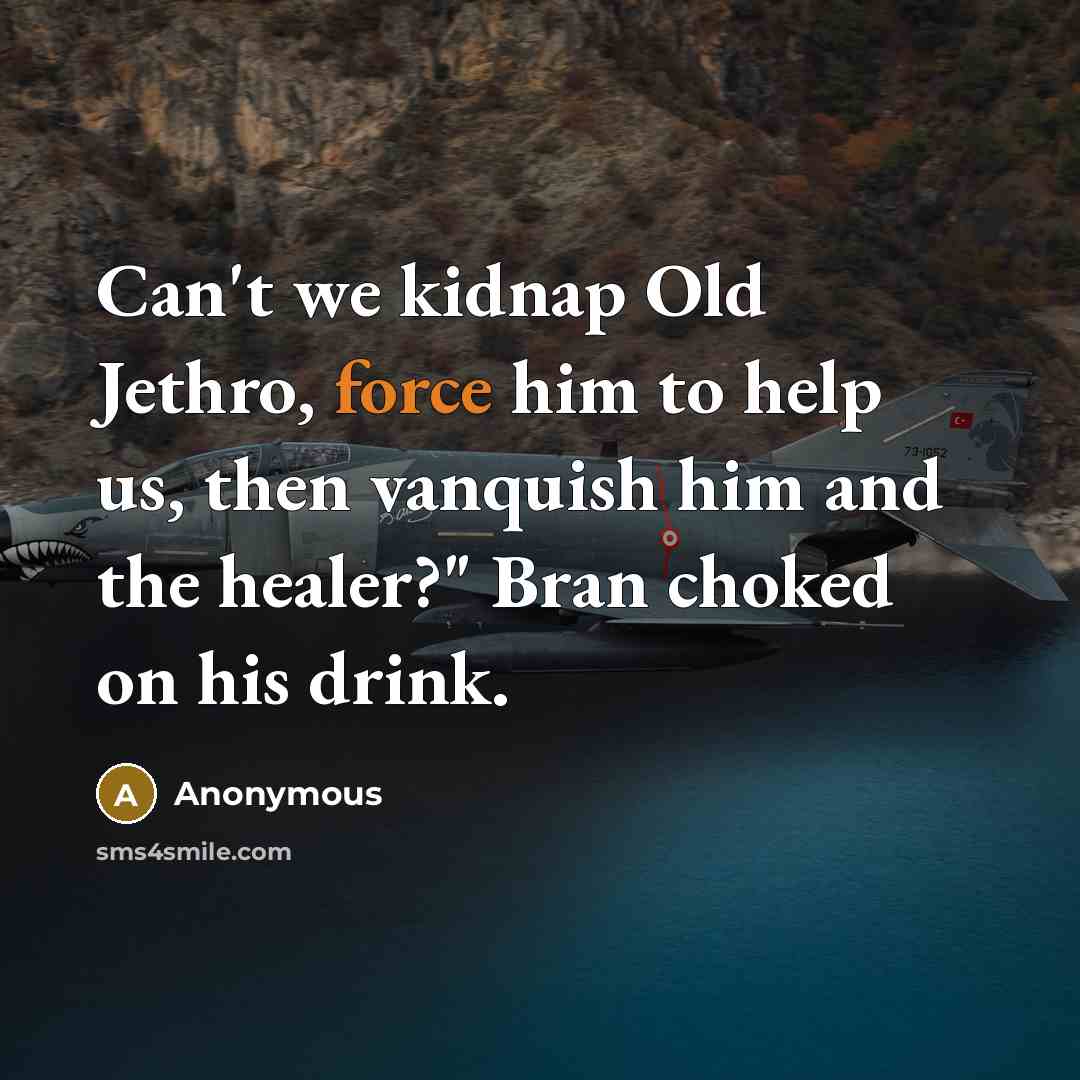 “Can't we kidnap Old Jethro, force him to help us, then vanquish him and the healer?" Bran choked on his drink.” quote by Anonymous