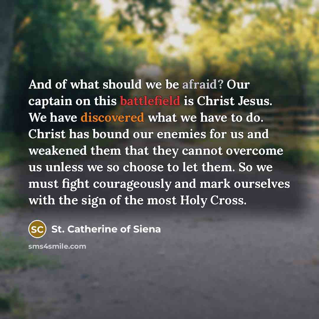 “And of what should we be afraid? Our captain on this battlefield is Christ Jesus. We have discovered what we have to do. Christ has bound our enemies for us and weakened them that they cannot overcome us unless we so choose to let them. So we must fight courageously and mark ourselves with the…” quote by St. Catherine of Siena