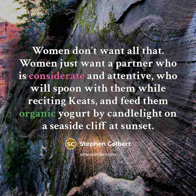 “Women don't want all that. Women just want a partner…” quote by Stephen Colbert