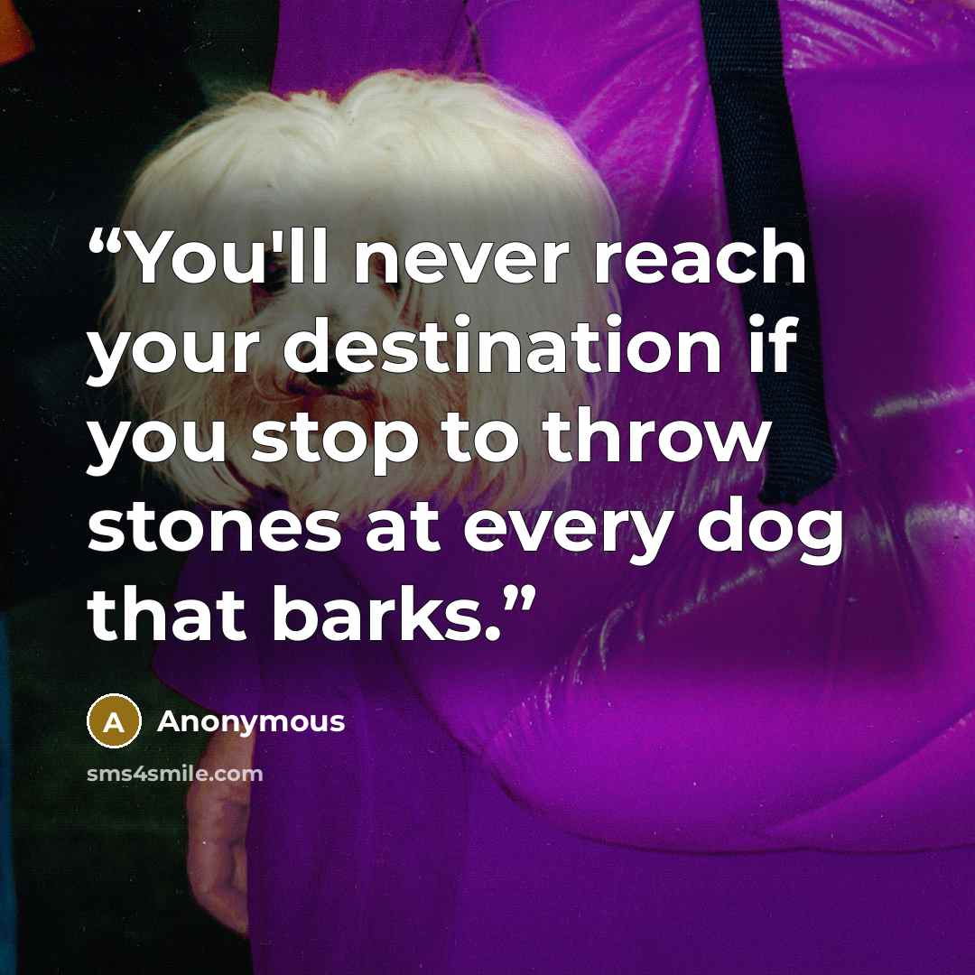 “You'll never reach your destination if you stop to throw stones at every dog that barks.” quote by Anonymous