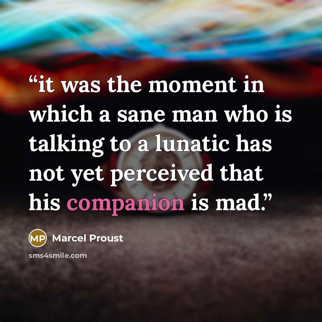 “it was the moment in which a sane man who is talking to a lunatic has not yet perceived that his companion is mad.” quote by Marcel Proust