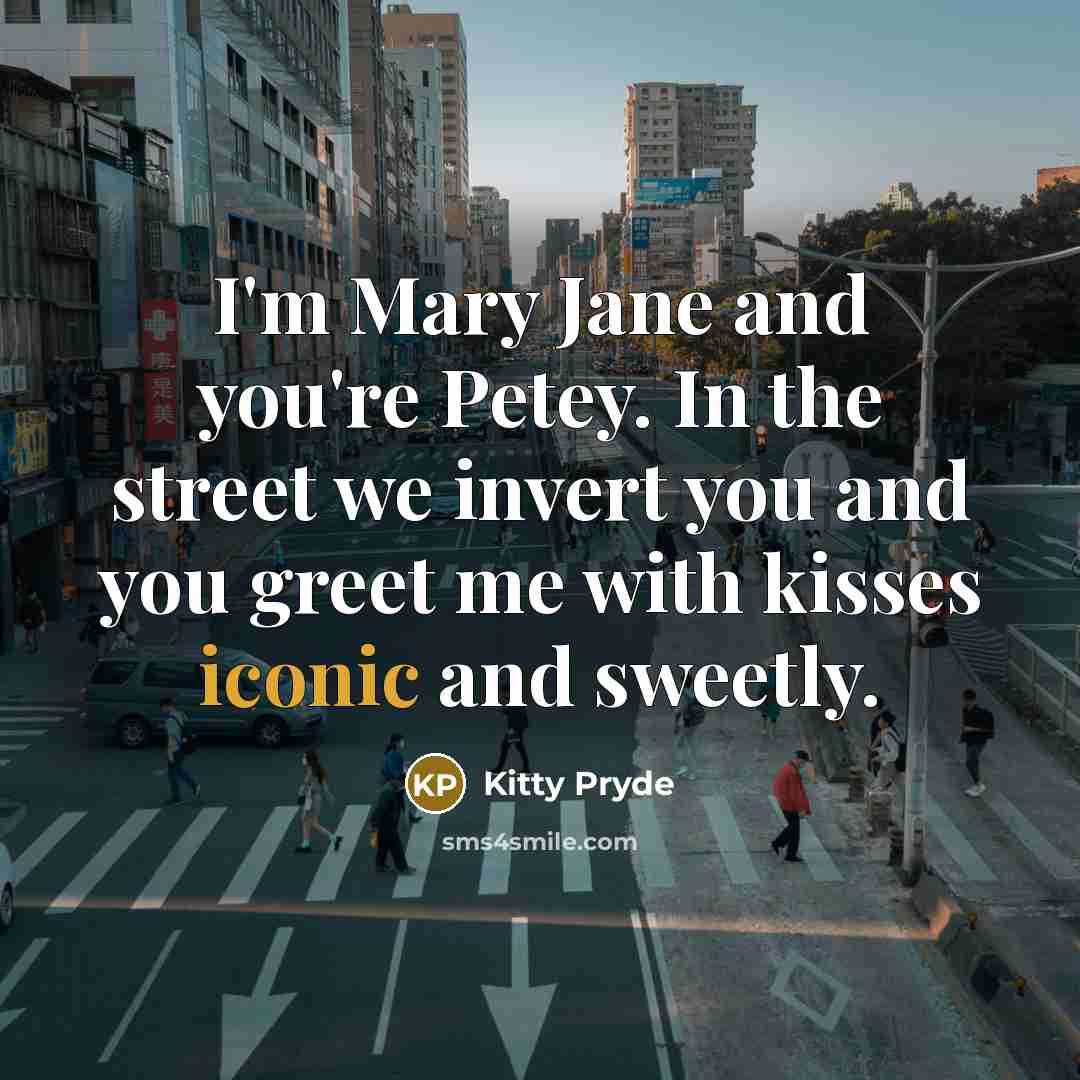 “I'm Mary Jane and you're Petey. In the street we invert you and you greet me with kisses iconic and sweetly.” quote by Kitty Pryde