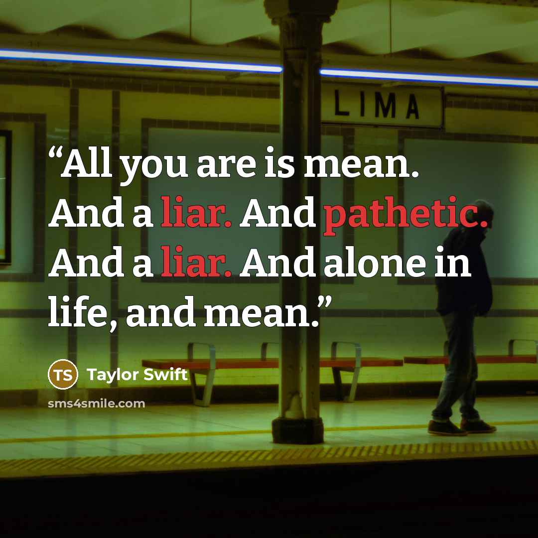 “All you are is mean. And a liar. And pathetic. And a liar. And alone in life, and mean.” quote by Taylor Swift