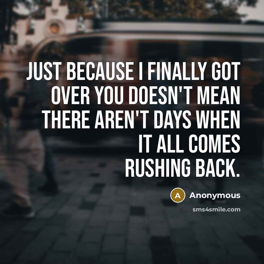 “Just because I finally got over you doesn't mean there aren't days when it all comes rushing back.” quote by Anonymous