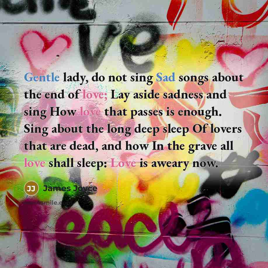 “Gentle lady, do not sing Sad songs about the end of love; Lay aside sadness and sing How love that passes is enough. Sing about the long deep sleep Of lovers that are dead, and how In the grave all love shall sleep: Love is aweary now.” quote by James Joyce