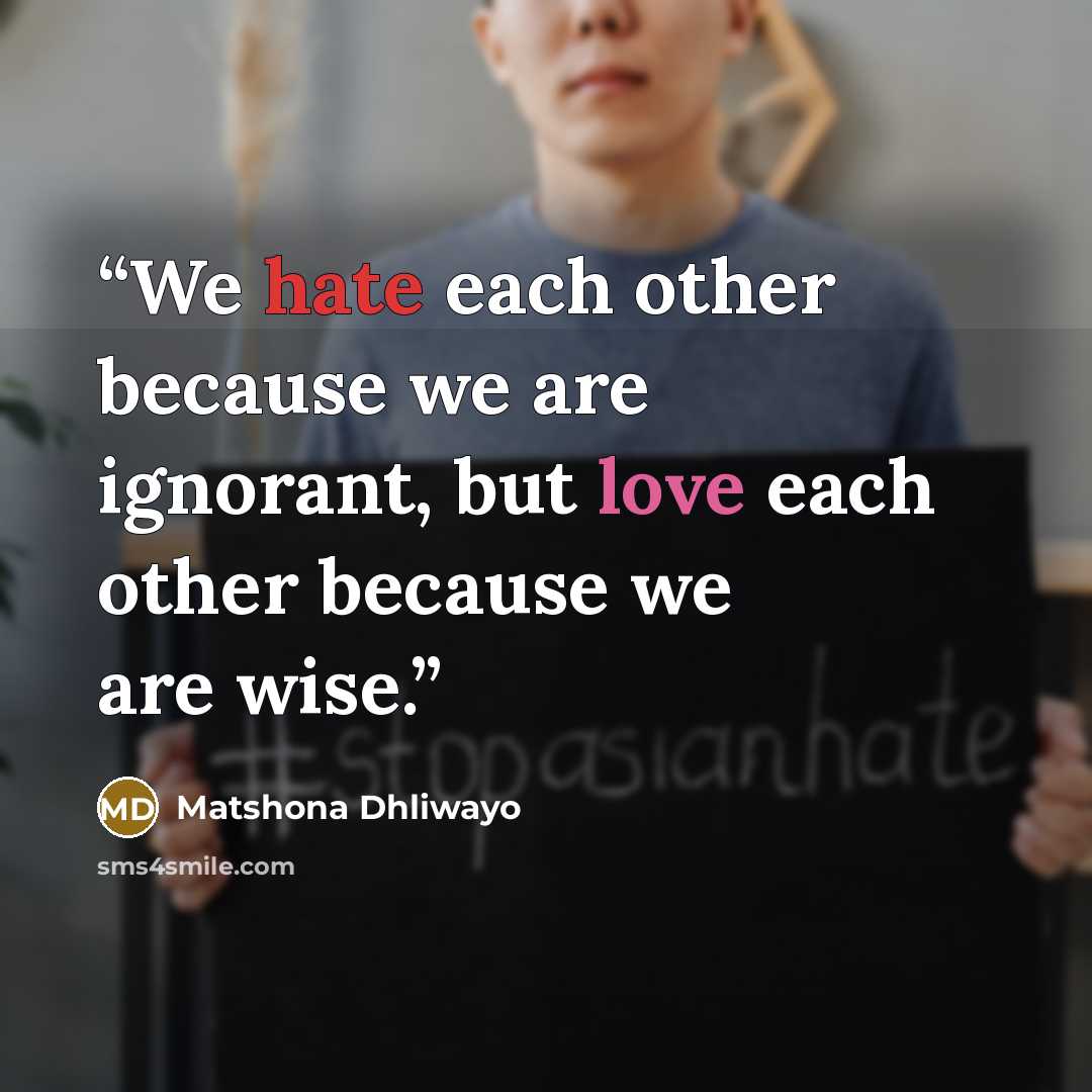 “We hate each other because we are ignorant, but love each other because we are wise.” quote by Matshona Dhliwayo