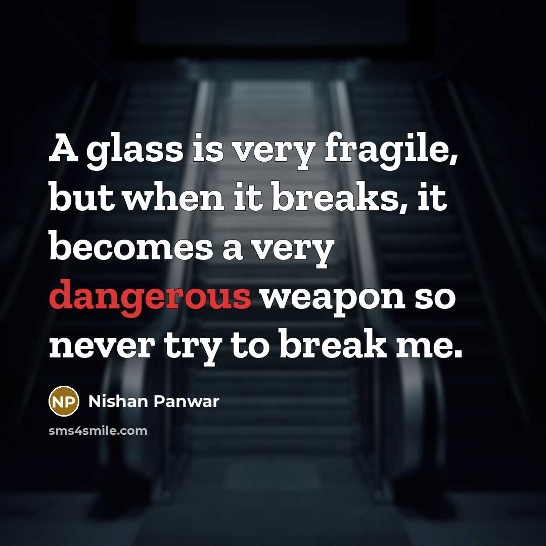 “A glass is very fragile, but when it breaks, it becomes a very dangerous weapon so never try to break me.” quote by Nishan Panwar