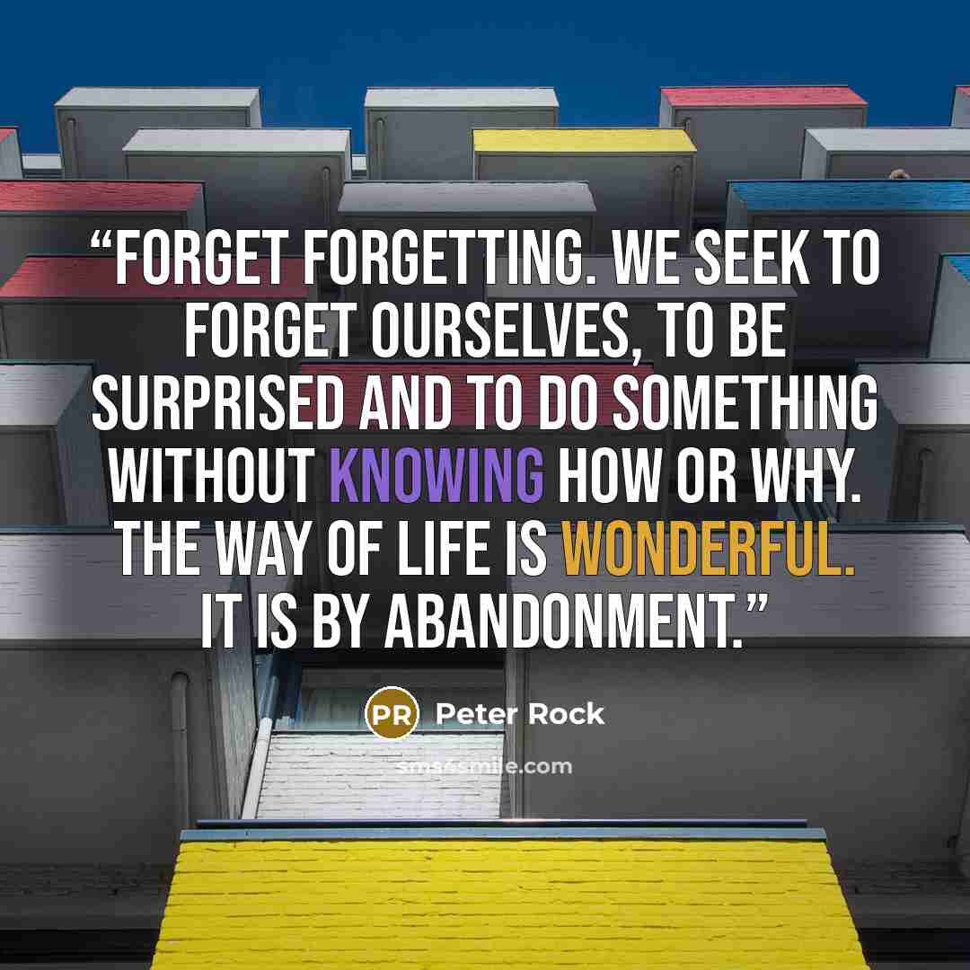 “Forget forgetting. We seek to forget ourselves, to be surprised and to do something without knowing how or why. The way of life is wonderful. It is by abandonment.” quote by Peter Rock