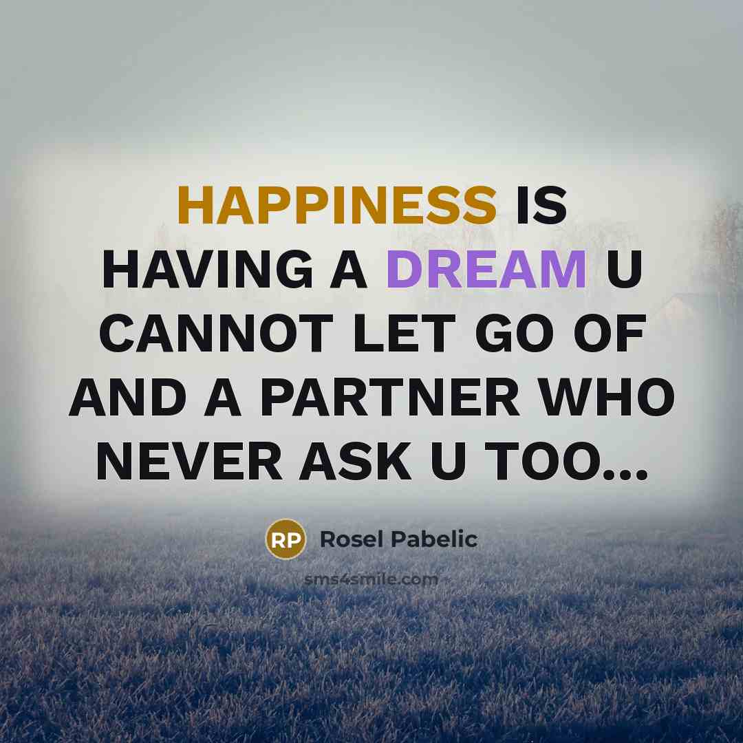 “HAPPINESS IS HAVING A DREAM U CANNOT LET GO OF AND A PARTNER WHO NEVER ASK U TOO...” quote by Rosel Pabelic