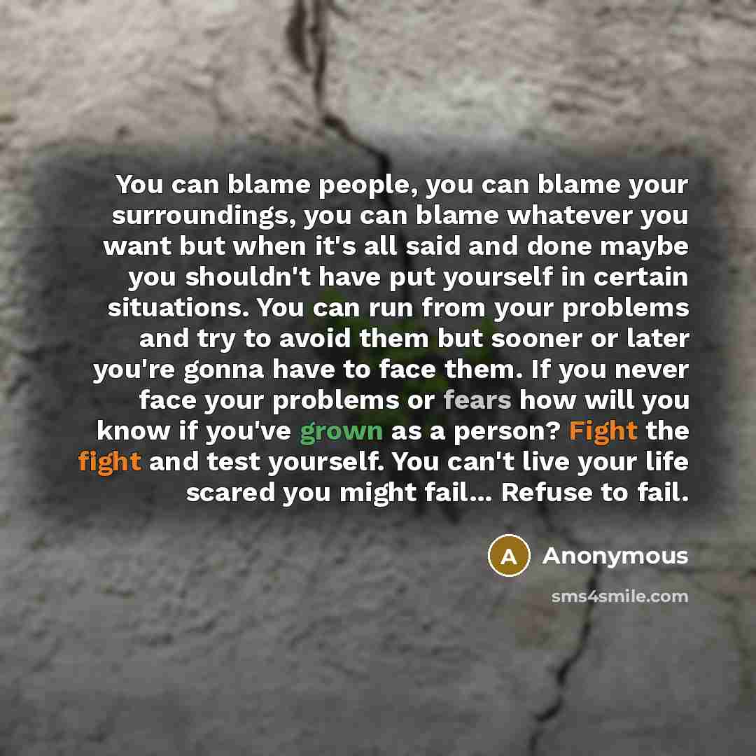 “You can blame people, you can blame your surroundings, you can blame whatever you want but when it's all said and done maybe you shouldn't have put yourself in certain situations. You can run from your problems and try to avoid them but sooner or later you're gonna have to face them. If you never…” quote by Anonymous