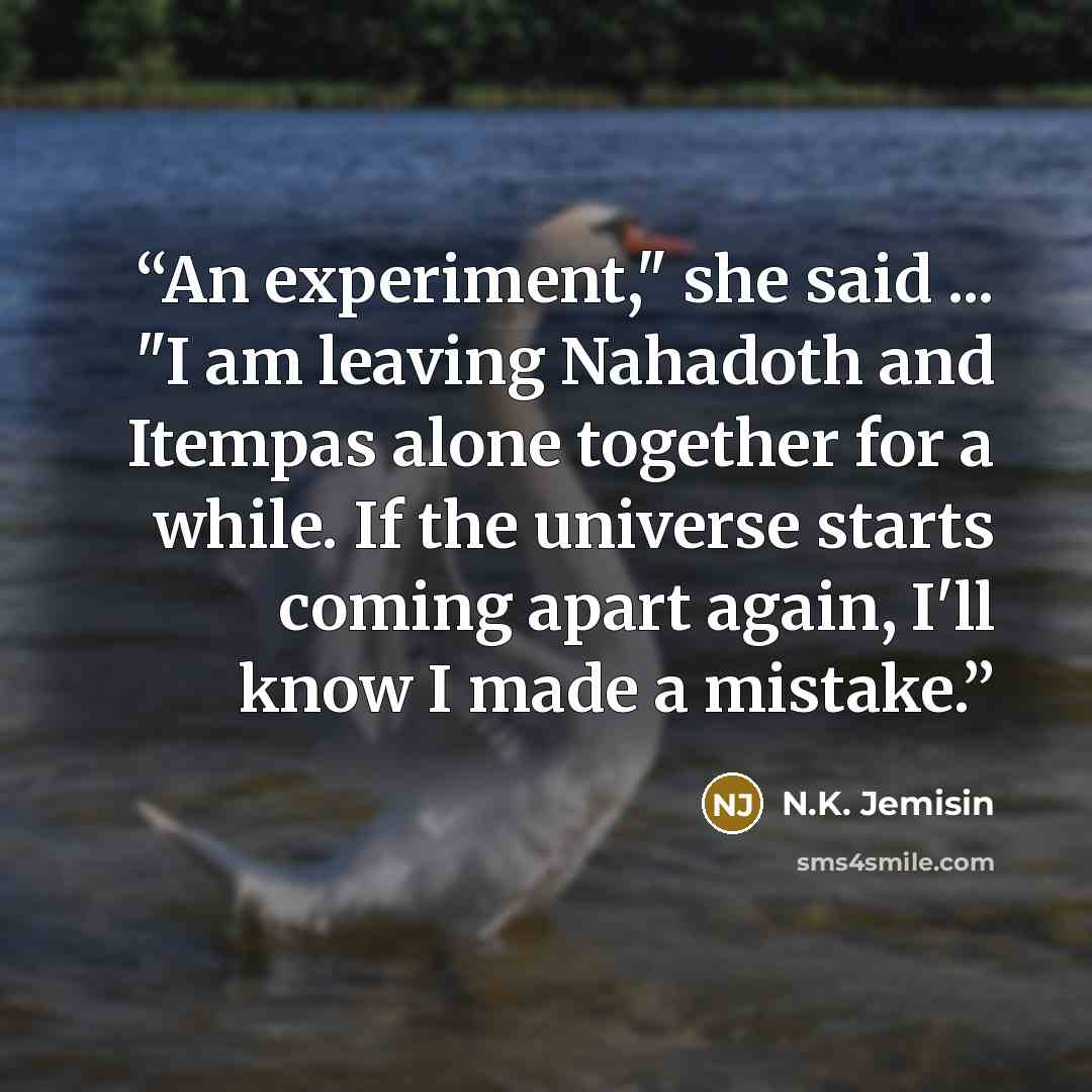 “An experiment," she said ... "I am leaving Nahadoth and Itempas alone together for a while. If the universe starts coming apart again, I'll know I made a mistake.” quote by N.K. Jemisin