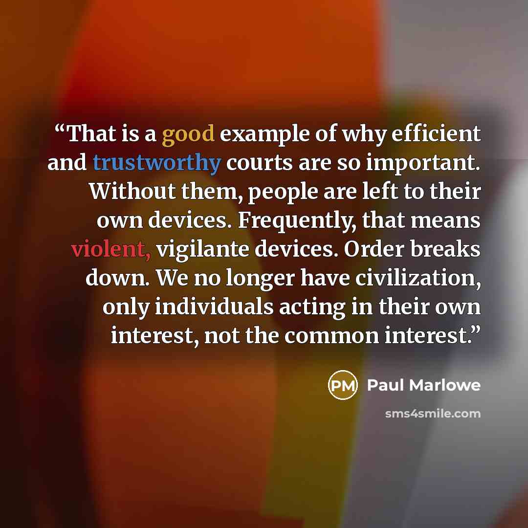 “That is a good example of why efficient and trustworthy courts are so important. Without them, people are left to their own devices. Frequently, that means violent, vigilante devices. Order breaks down. We no longer have civilization, only individuals acting in their own interest, not the common…” quote by Paul Marlowe
