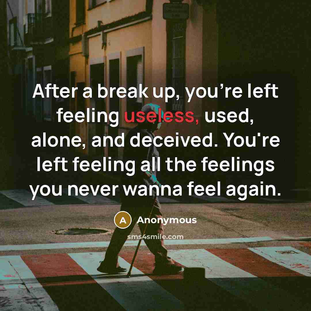 “After a break up, you're left feeling useless, used, alone, and deceived. You're left feeling all the feelings you never wanna feel again.” quote by Anonymous