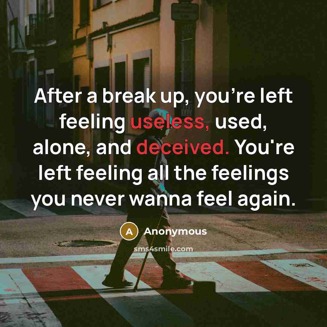“After a break up, you're left feeling useless, used, alone, and deceived. You're left feeling all the feelings you never wanna feel again.” quote by Anonymous