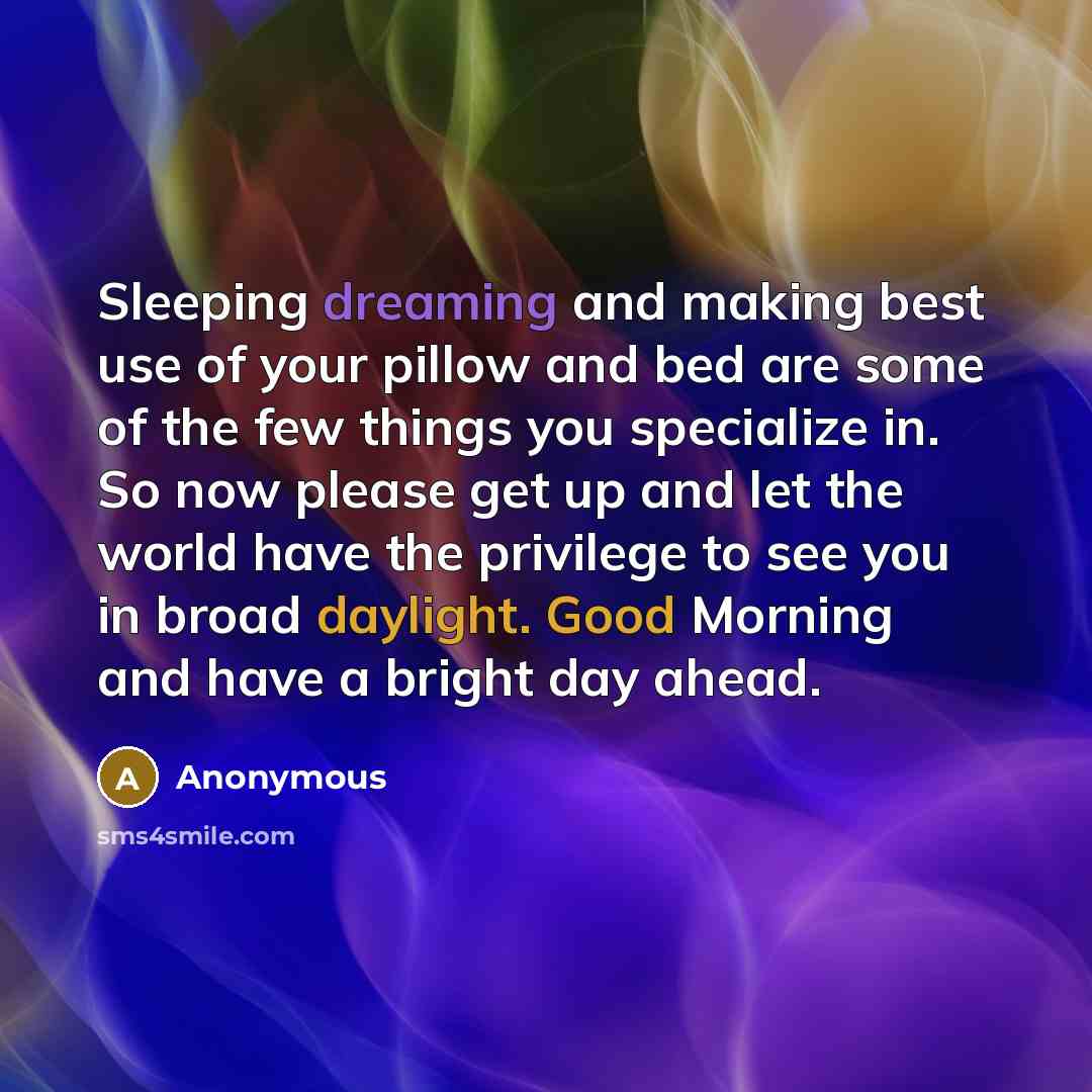 “Sleeping dreaming and making best use of your pillow and bed are some of the few things you specialize in. So now please get up and let the world have the privilege to see you in broad daylight. Good Morning and have a bright day ahead.” quote by Anonymous