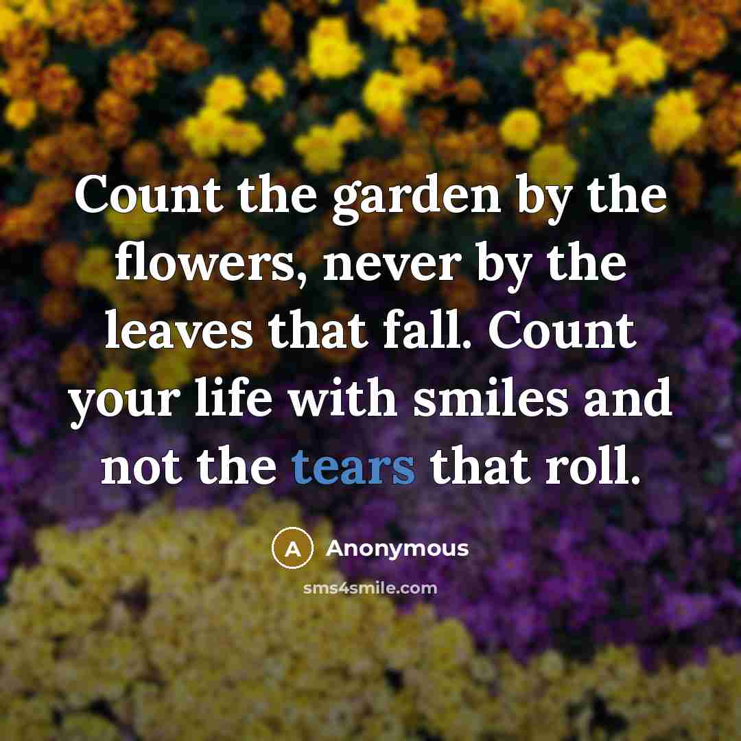 “Count the garden by the flowers, never by the leaves that fall. Count your life with smiles and not the tears that roll.” quote by Anonymous