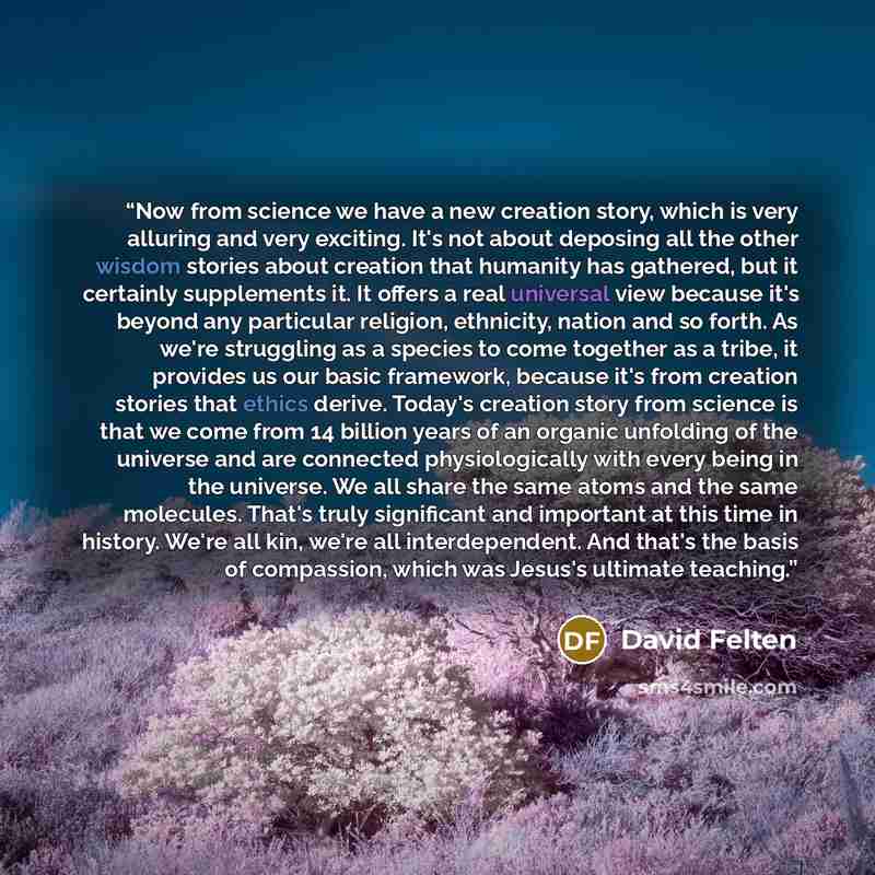 “Now from science we have a new creation story, which is very alluring and very exciting. It's not about deposing all the other wisdom stories about creation that humanity has gathered, but it certainly supplements it. It offers a real universal view because it's beyond any particular religion…” quote by David Felten