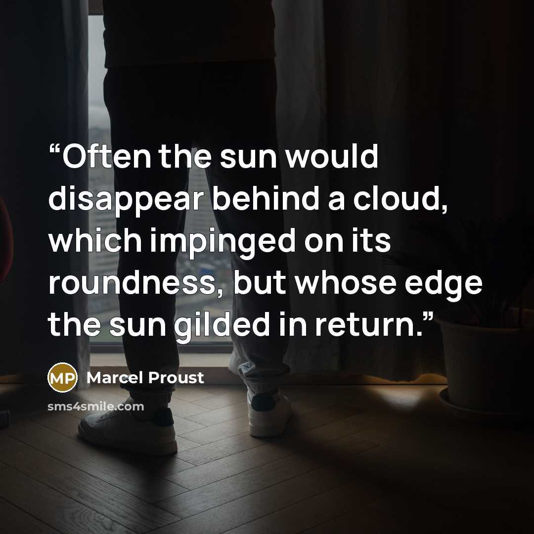 “Often the sun would disappear behind a cloud, which impinged on its roundness, but whose edge the sun gilded in return.” quote by Marcel Proust