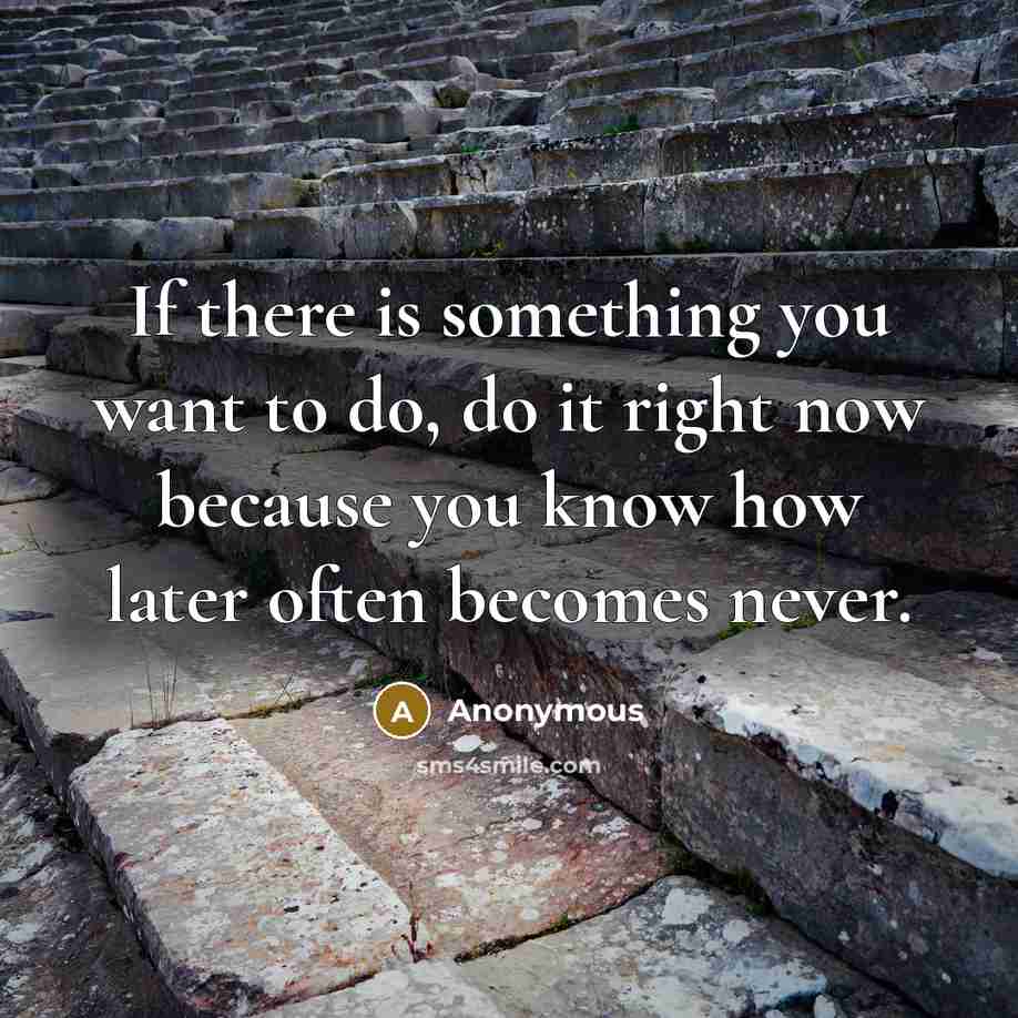 “If there is something you want to do, do it right now because you know how later often becomes never.” quote by Anonymous