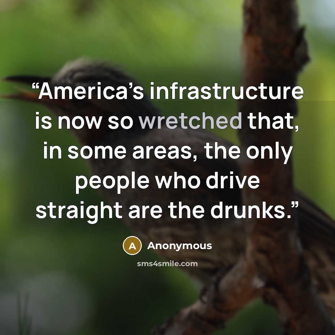 “America’s infrastructure is now so wretched that, in some areas, the only people who drive straight are the drunks.” quote by Anonymous