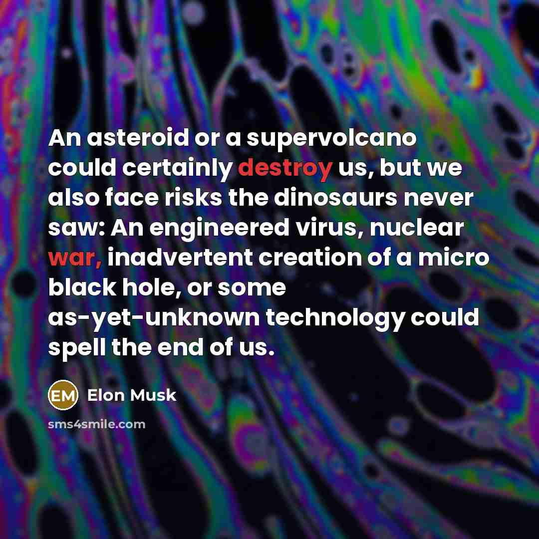 “An asteroid or a supervolcano could certainly destroy us, but we also face risks the dinosaurs never saw: An engineered virus, nuclear war, inadvertent creation of a micro black hole, or some as-yet-unknown technology could spell the end of us.” quote by Elon Musk