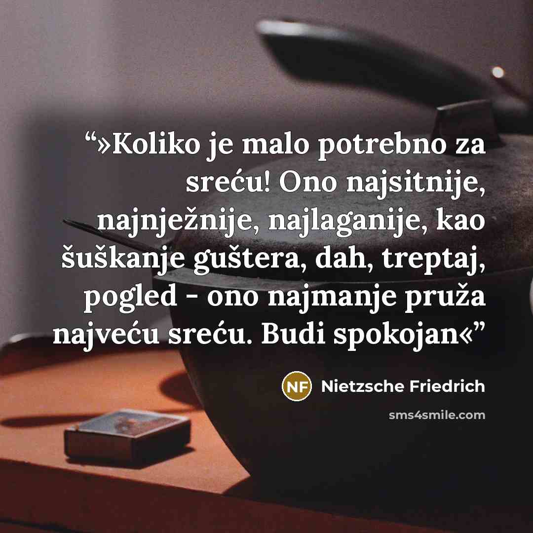 “»Koliko je malo potrebno za sreću! Ono najsitnije, najnježnije, najlaganije, kao šuškanje guštera, dah, treptaj, pogled - ono najmanje pruža najveću sreću. Budi spokojan«” quote by Nietzsche Friedrich