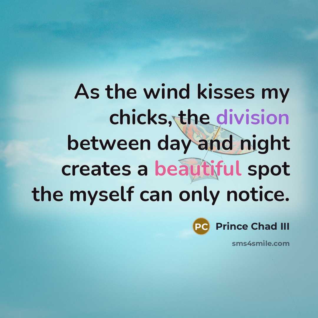 “As the wind kisses my chicks, the division between day…” quote by Prince Chad III