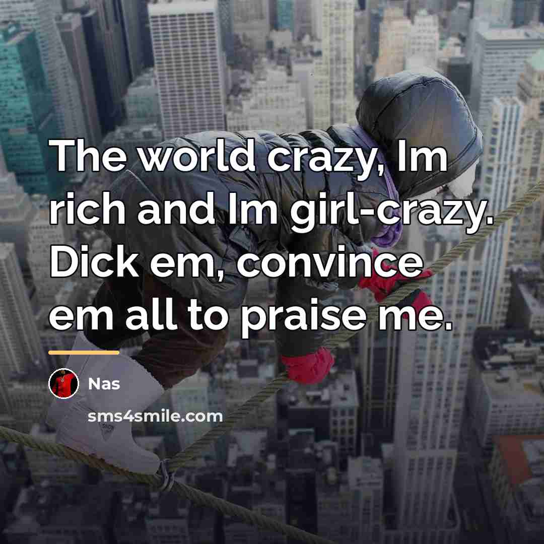 “The world crazy, Im rich and Im girl-crazy. Dick em,…” quote by Nas