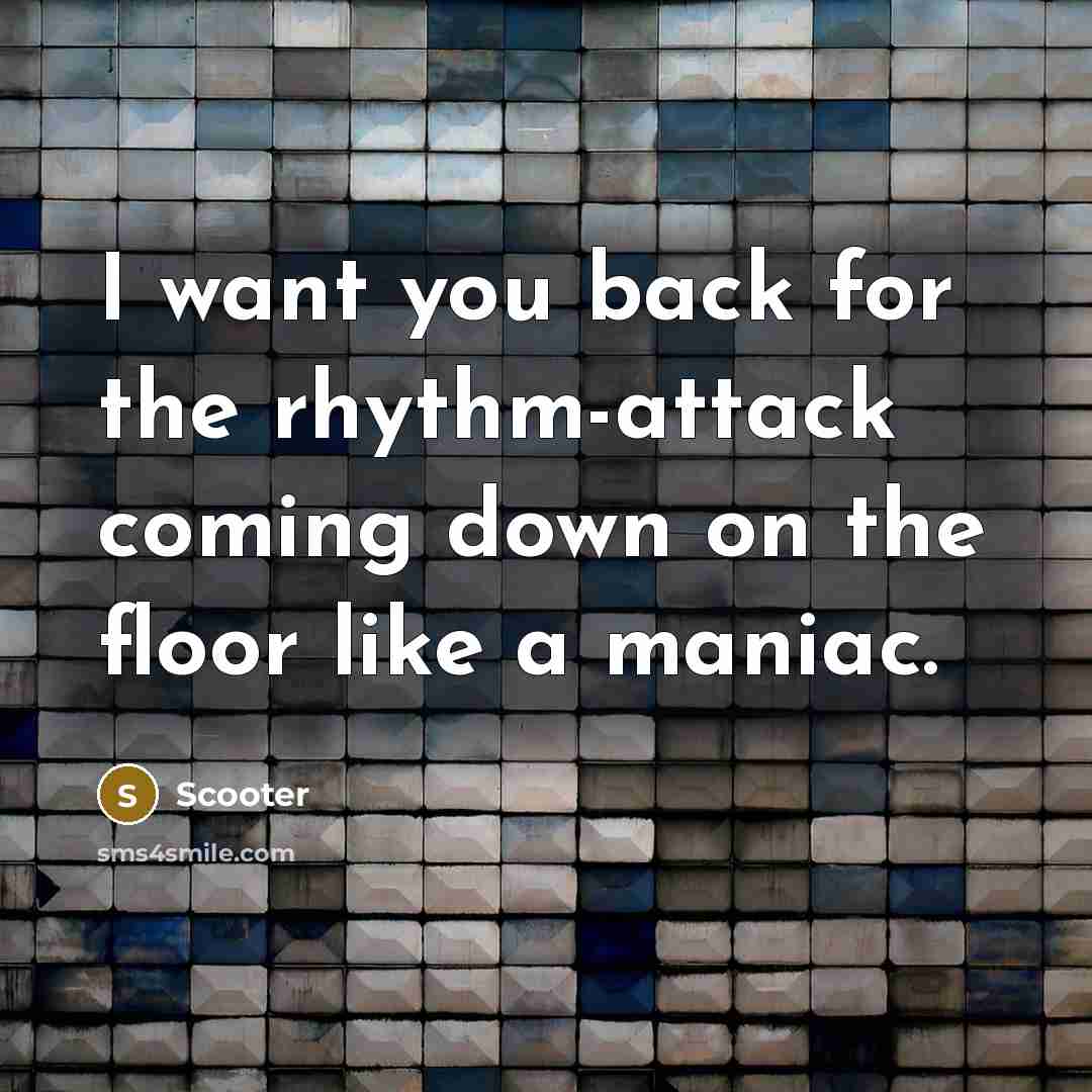 “I want you back for the rhythm-attack coming down on the floor like a maniac.” quote by Scooter