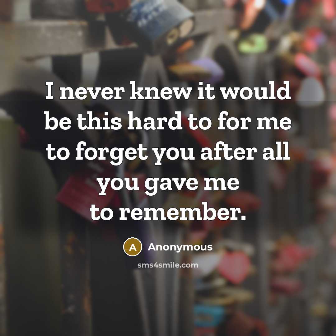“I never knew it would be this hard to for me to forget you after all you gave me to remember.” quote by Anonymous