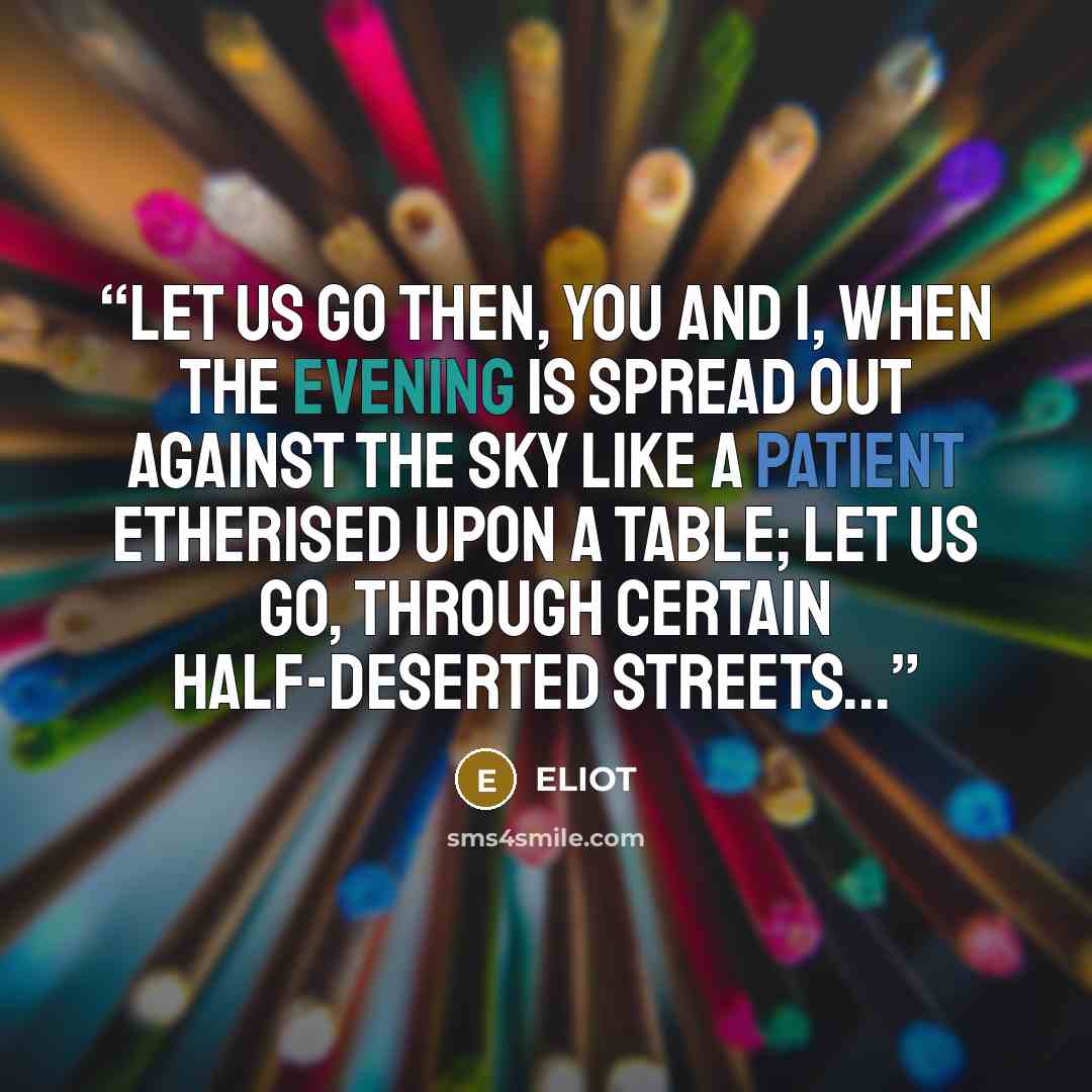 “Let us go then, you and I, When the evening is spread out against the sky Like a patient etherised upon a table; Let us go, through certain half-deserted streets...” quote by eliot