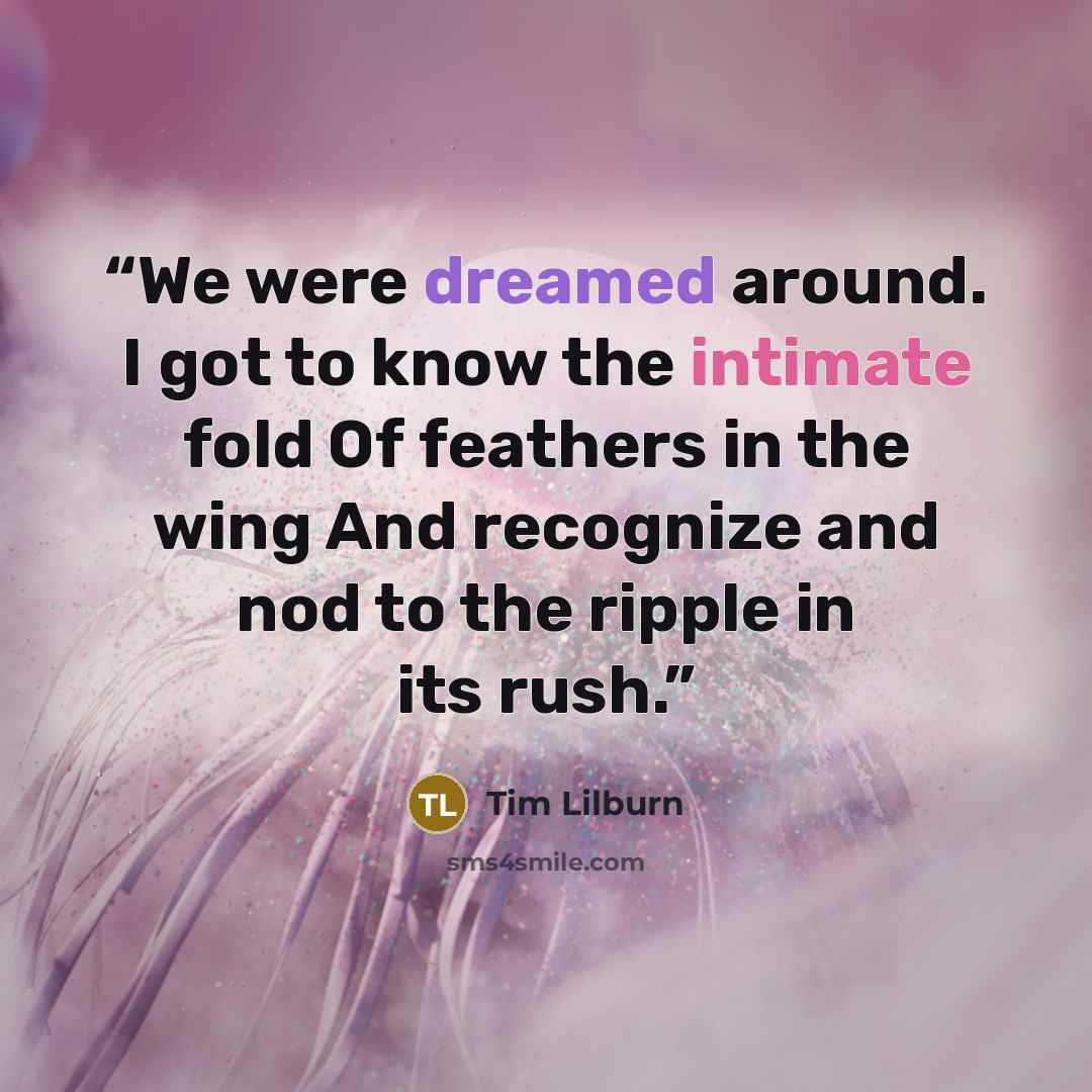 “We were dreamed around. I got to know the intimate fold Of feathers in the wing And recognize and nod to the ripple in its rush.” quote by Tim Lilburn