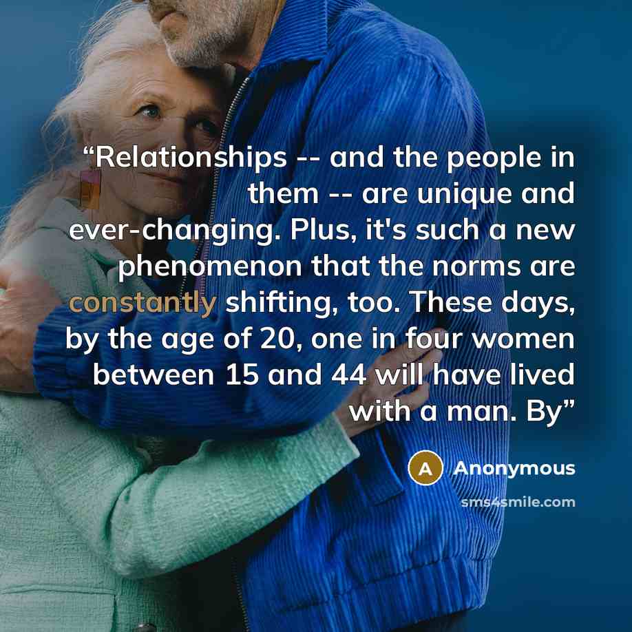 “Relationships -- and the people in them -- are unique and ever-changing. Plus, it's such a new phenomenon that the norms are constantly shifting, too. These days, by the age of 20, one in four women between 15 and 44 will have lived with a man. By” quote by Anonymous