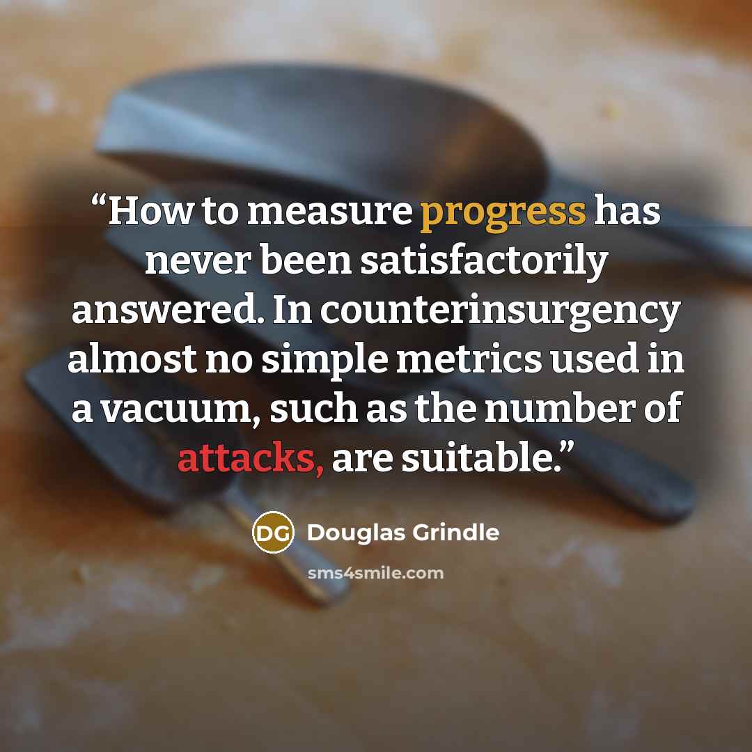 “How to measure progress has never been satisfactorily answered. In counterinsurgency almost no simple metrics used in a vacuum, such as the number of attacks, are suitable.” quote by Douglas Grindle