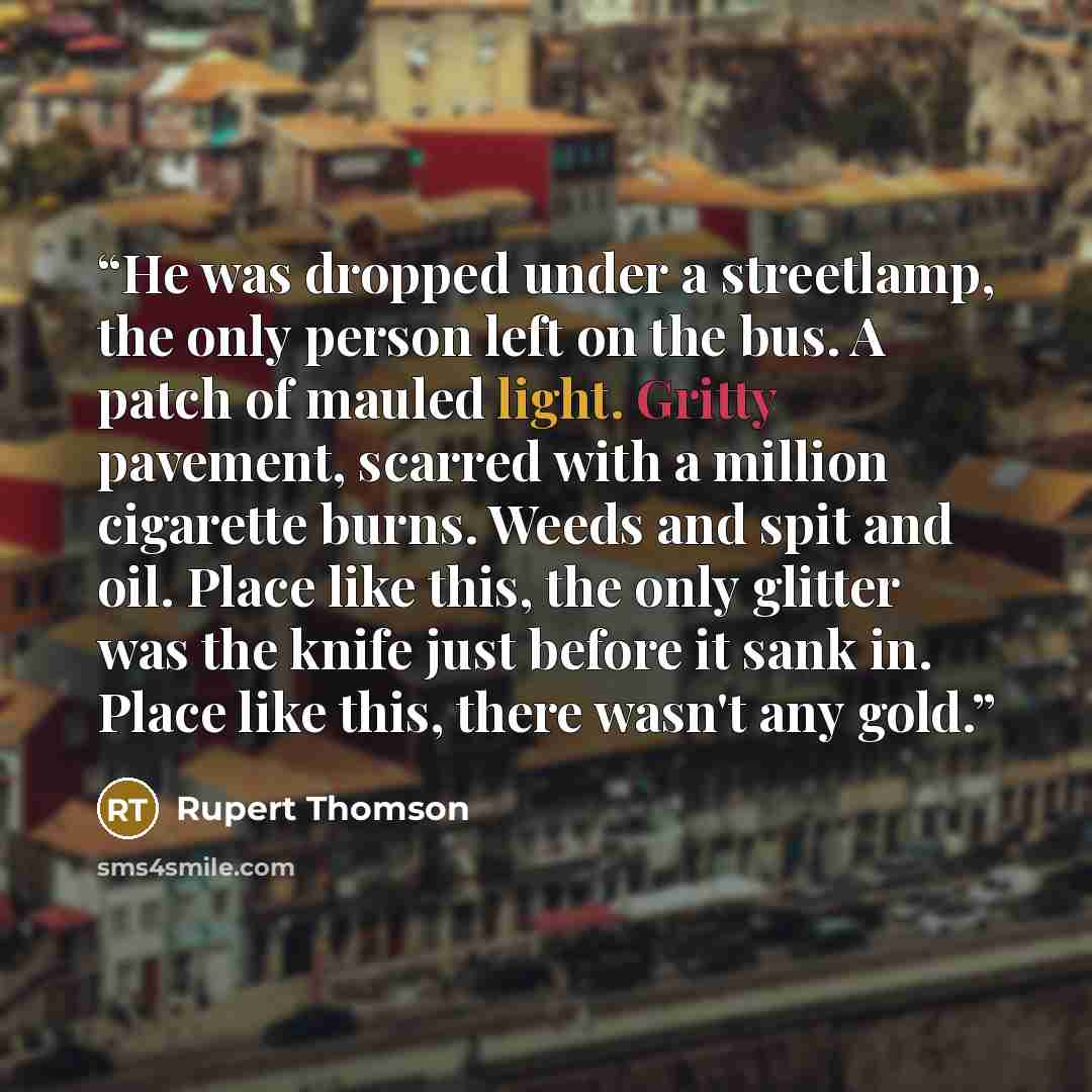“He was dropped under a streetlamp, the only person left on the bus. A patch of mauled light. Gritty pavement, scarred with a million cigarette burns. Weeds and spit and oil. Place like this, the only glitter was the knife just before it sank in. Place like this, there wasn't any gold.” quote by Rupert Thomson