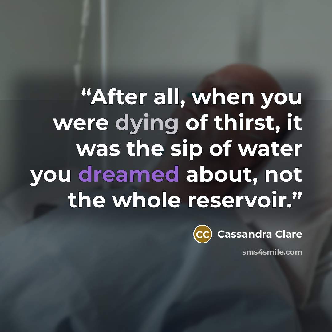 “After all, when you were dying of thirst, it was the sip of water you dreamed about, not the whole reservoir.” quote by Cassandra Clare
