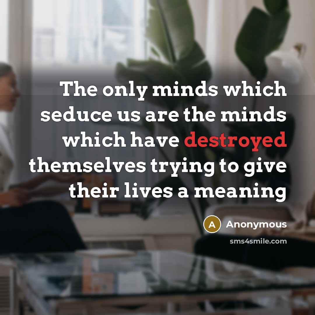 “The only minds which seduce us are the minds which have destroyed themselves trying to give their lives a meaning” quote by Anonymous