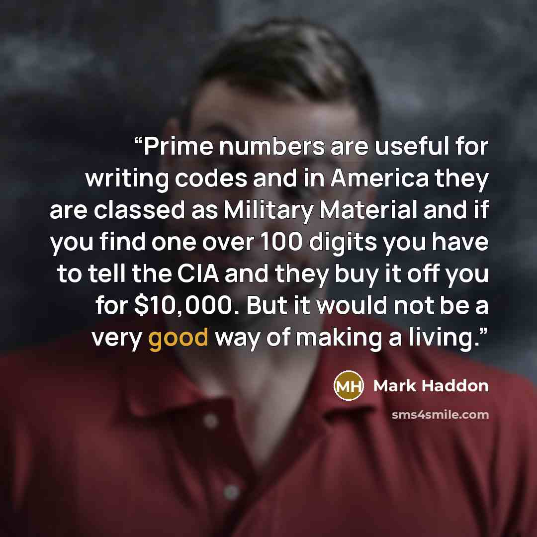 “Prime numbers are useful for writing codes and in America they are classed as Military Material and if you find one over 100 digits you have to tell the CIA and they buy it off you for $10,000. But it would not be a very good way of making a living.” quote by Mark Haddon