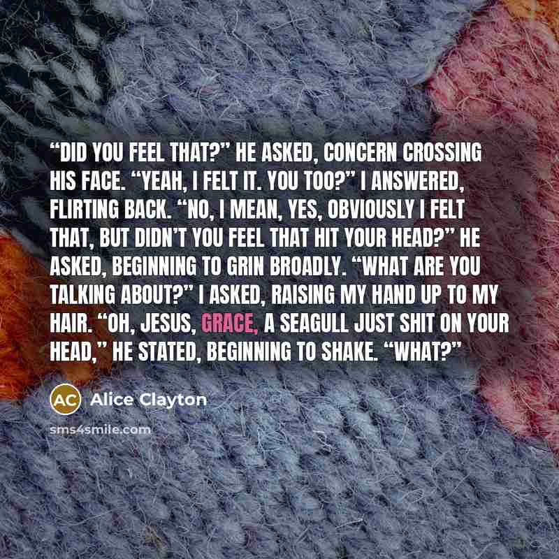 “Did you feel that?” he asked, concern crossing his face. “Yeah, I felt it. You too?” I answered, flirting back. “No, I mean, yes, obviously I felt that, but didn’t you feel that hit your head?” he asked, beginning to grin broadly. “What are you talking about?” I asked, raising my hand up to my…” quote by Alice Clayton