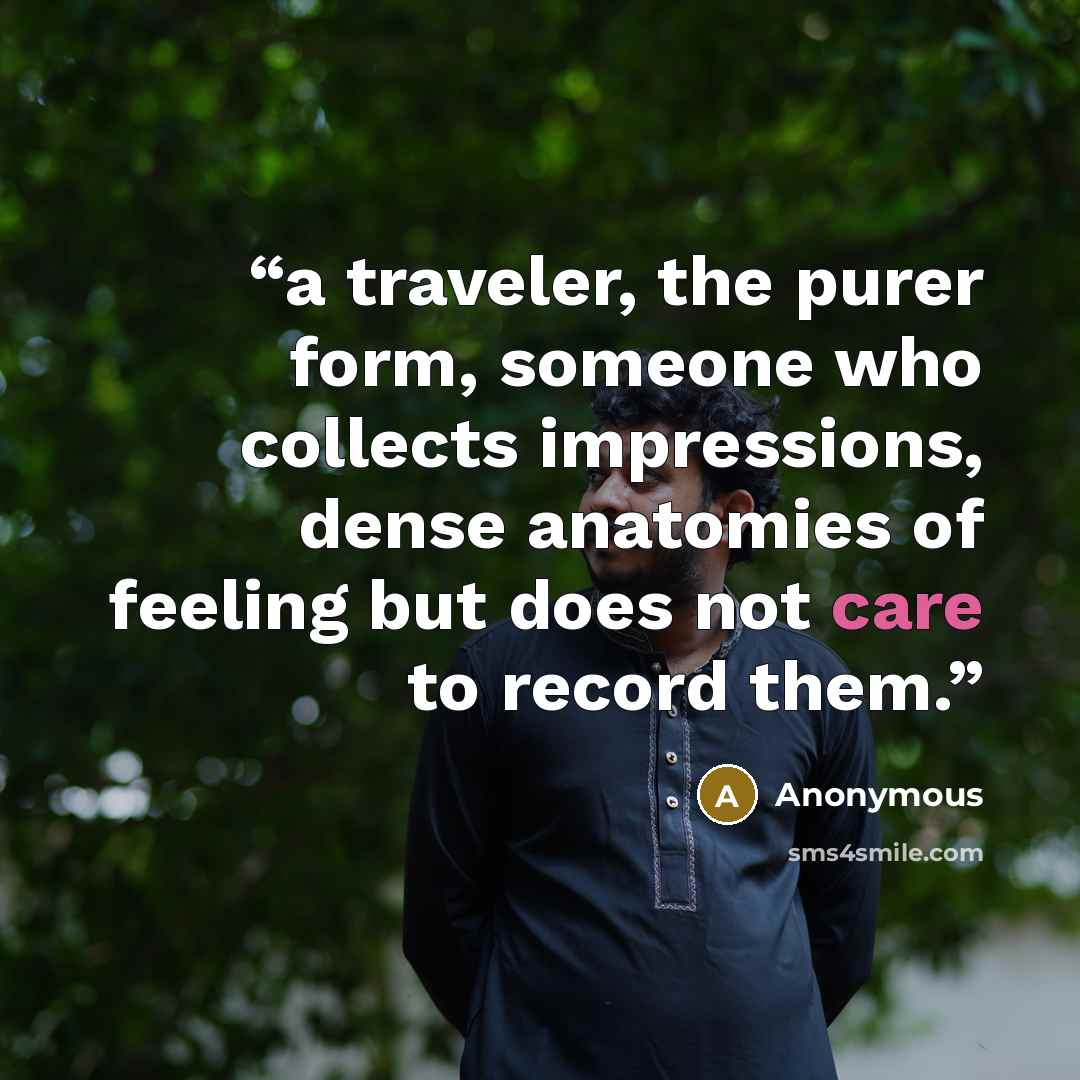 “a traveler, the purer form, someone who collects impressions, dense anatomies of feeling but does not care to record them.” quote by Anonymous