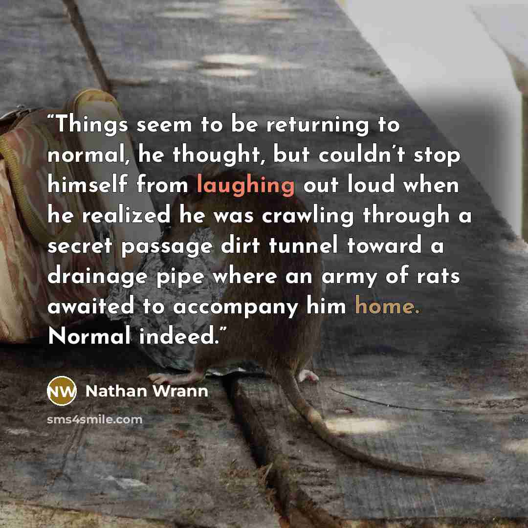 “Things seem to be returning to normal, he thought, but couldn’t stop himself from laughing out loud when he realized he was crawling through a secret passage dirt tunnel toward a drainage pipe where an army of rats awaited to accompany him home. Normal indeed.” quote by Nathan Wrann