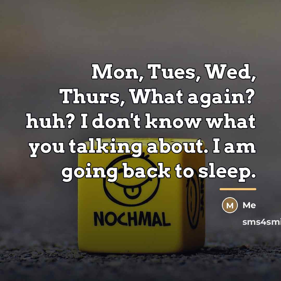 “Mon, Tues, Wed, Thurs, What again? huh? I don't know what you talking about. I am going back to sleep.” quote by Me