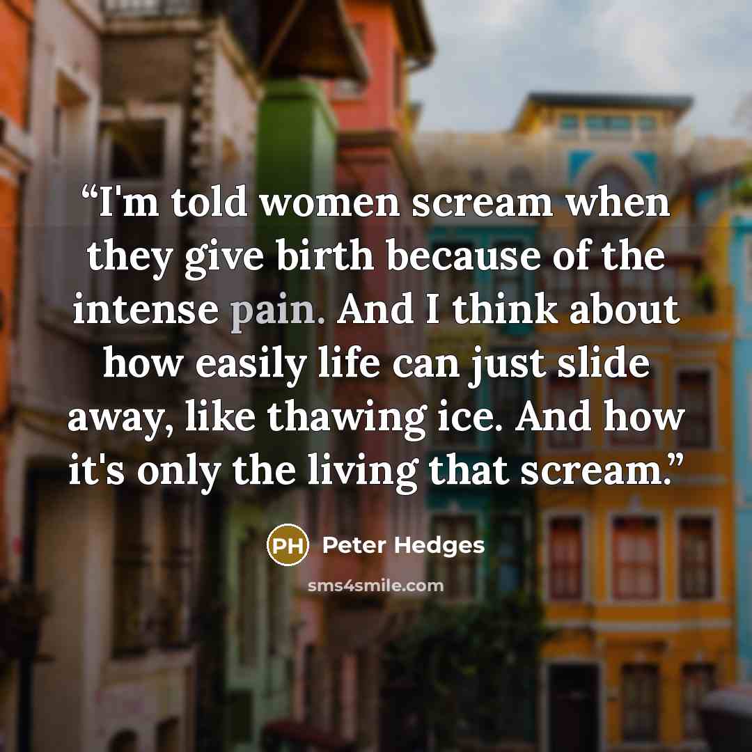 “I'm told women scream when they give birth because of the intense pain. And I think about how easily life can just slide away, like thawing ice. And how it's only the living that scream.” quote by Peter Hedges