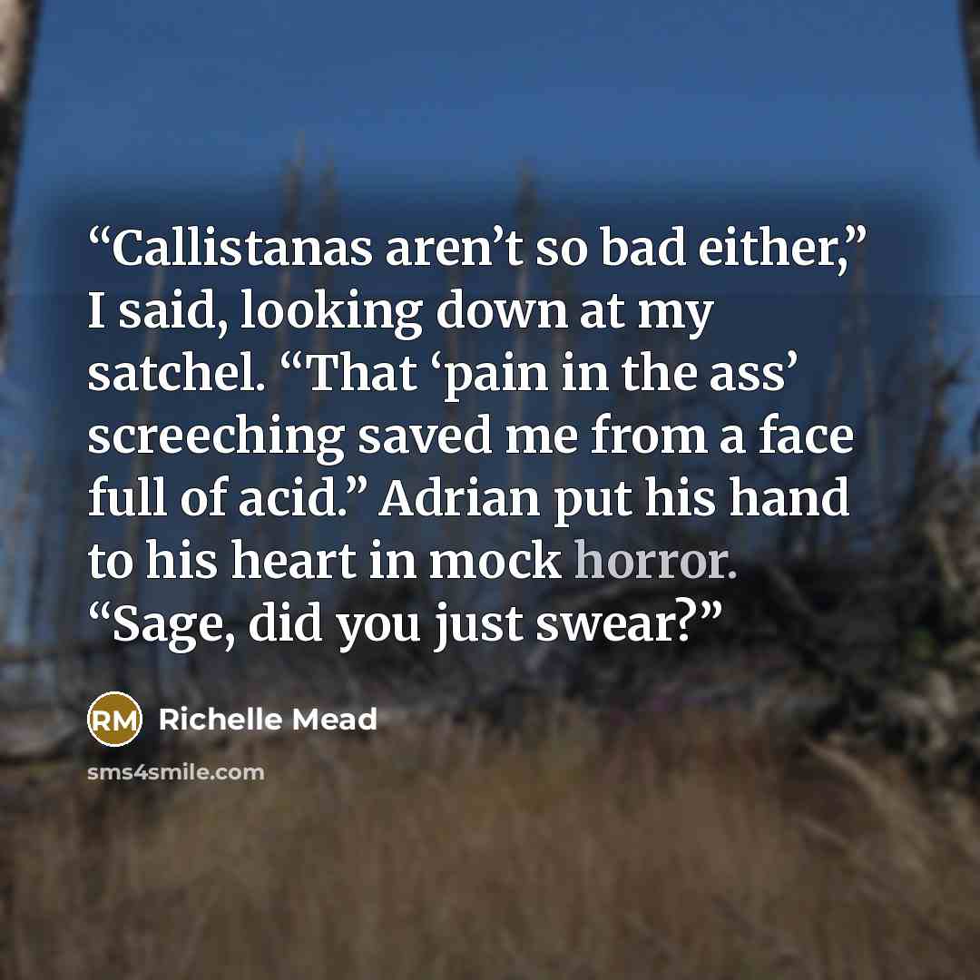 “Callistanas aren’t so bad either,” I said, looking down at my satchel. “That ‘pain in the ass’ screeching saved me from a face full of acid.” Adrian put his hand to his heart in mock horror. “Sage, did you just swear?” quote by Richelle Mead