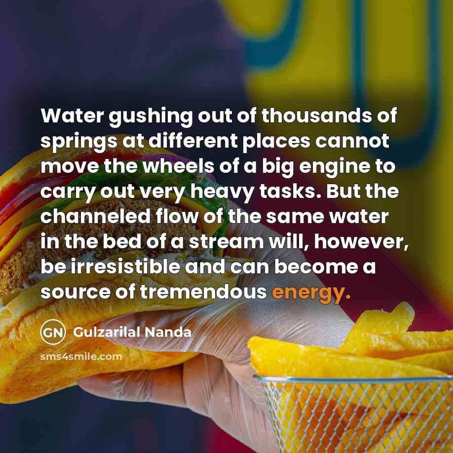 “Water gushing out of thousands of springs at different places cannot move the wheels of a big engine to carry out very heavy tasks. But the channeled flow of the same water in the bed of a stream will, however, be irresistible and can become a source of tremendous energy.” quote by Gulzarilal Nanda