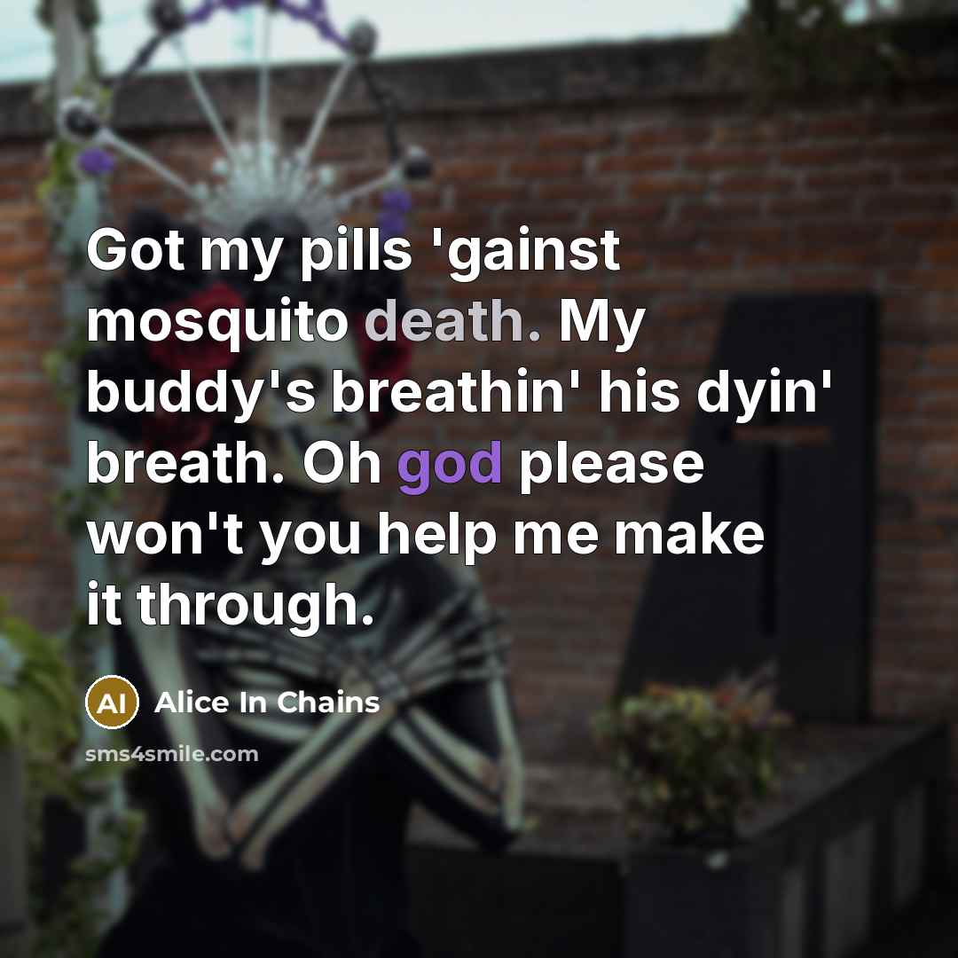 “Got my pills 'gainst mosquito death. My buddy's breathin' his…” quote by Alice In Chains